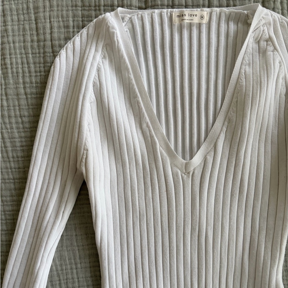 White Ribbed Long Sleeve Top